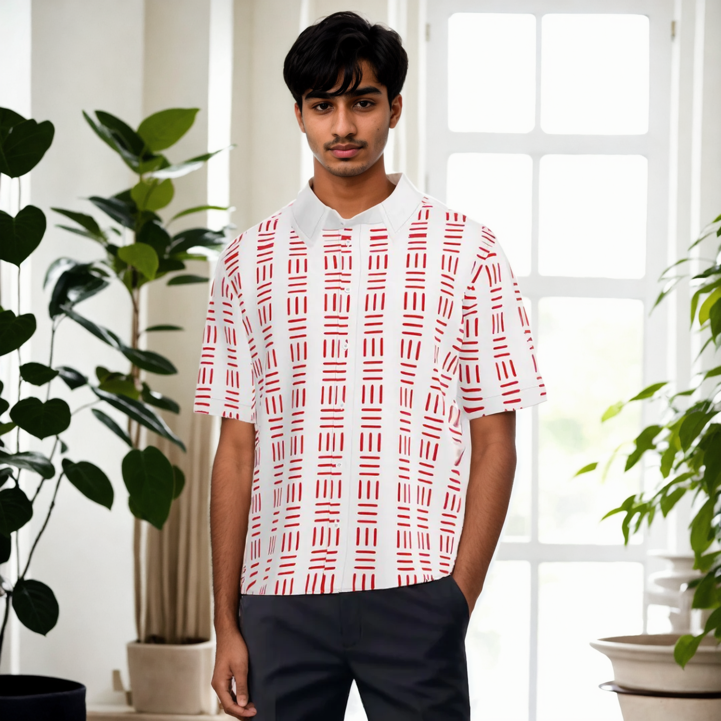 Aquae Versus Natural Linen Short Sleeve Shirt (Red) 