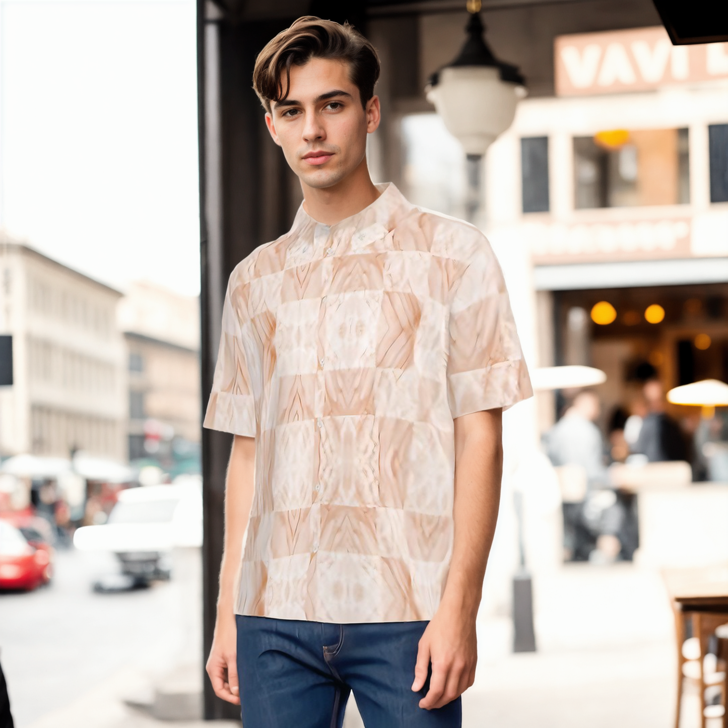 Men's Marbled Silk Short Sleeve Shirt (Beige)