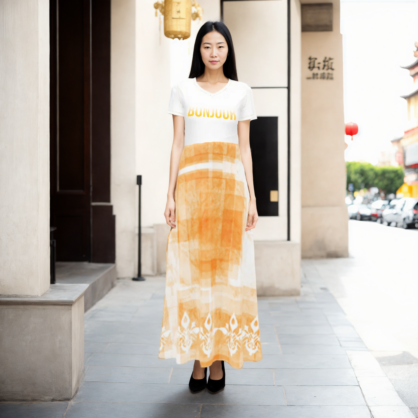 “Tabula Illuminata” Long Midi Skirt (Orange)