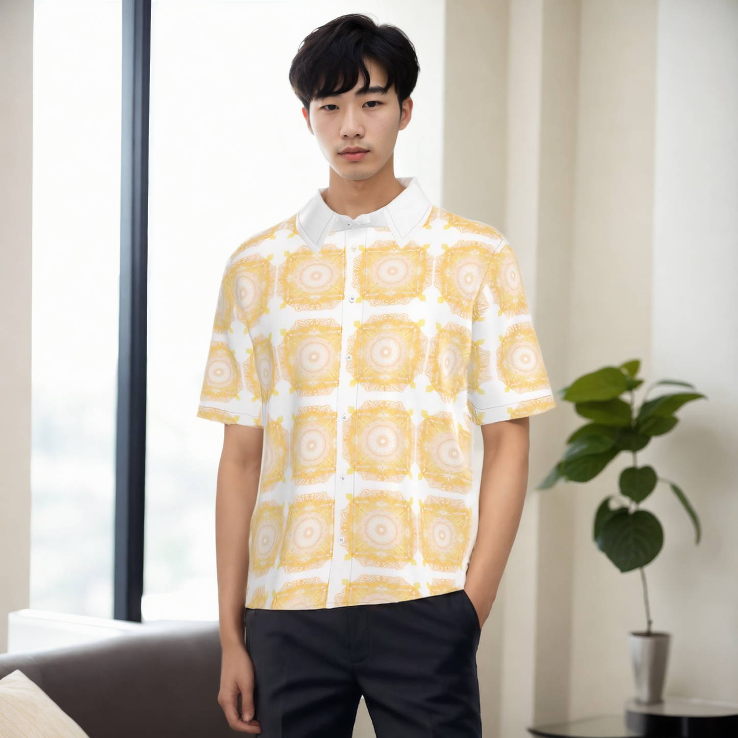 Short Sleeve Silk Shirt “Solis Noctis Aurum” (White)